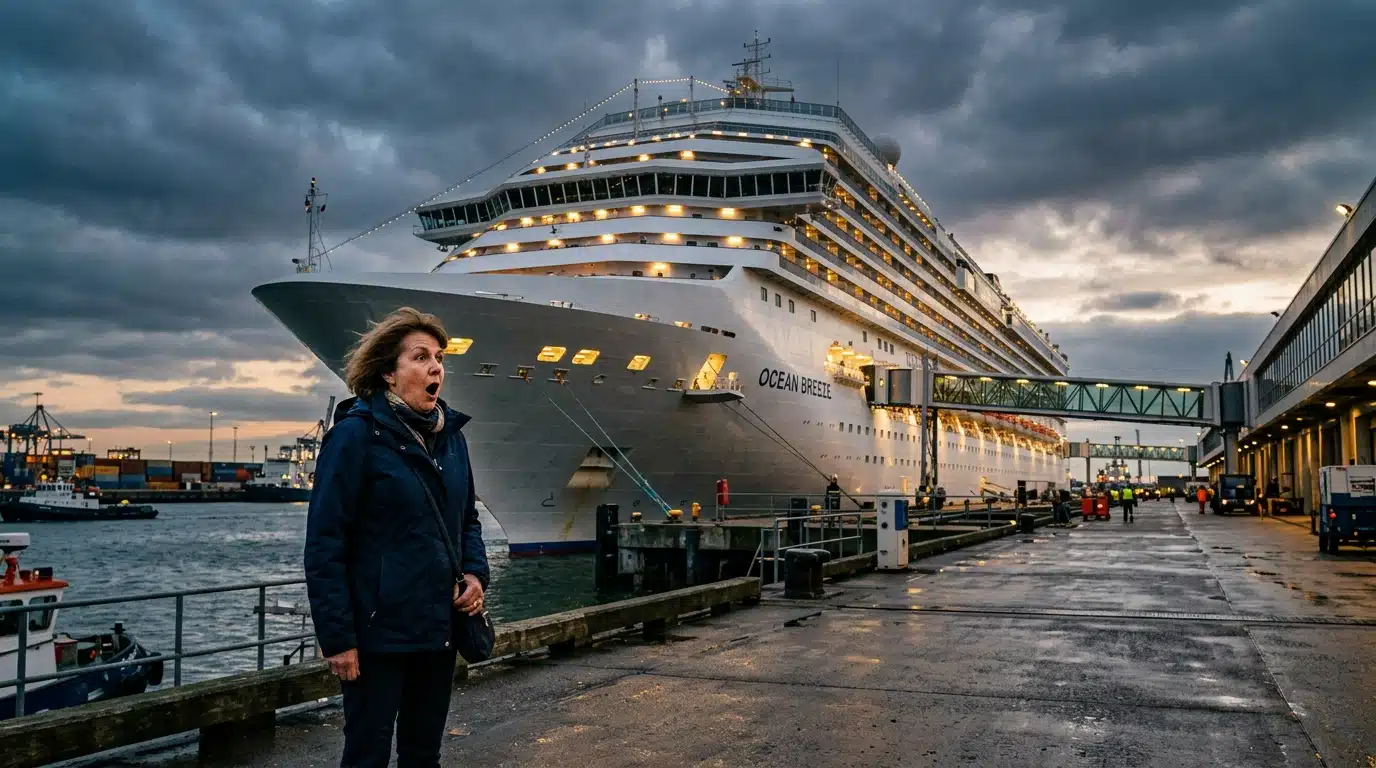 Paquebot de croisière amarré à quai au crépuscule