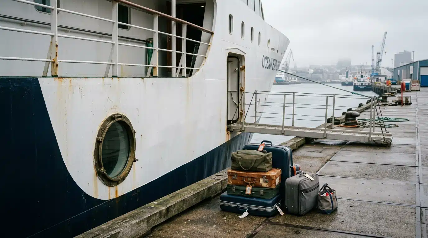 Valises posées sur un quai portuaire désert