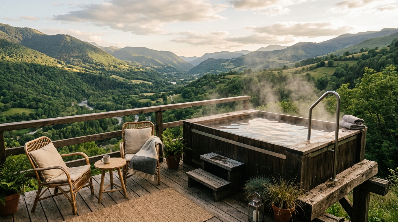 Spa privatif extérieur avec vue sur la vallée
