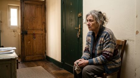 Femme âgée assise près de la porte d'entrée