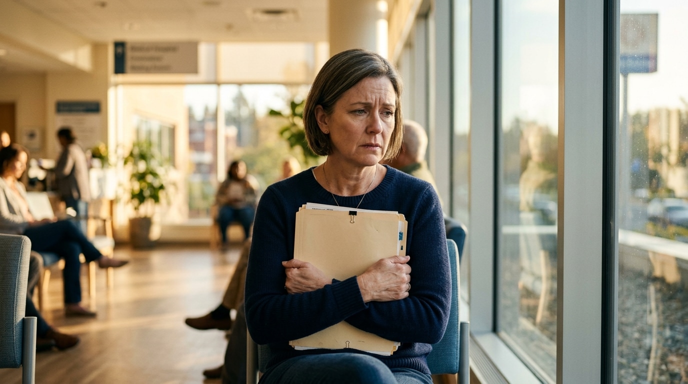 Patiente inquiète tenant son dossier médical en salle d'attente