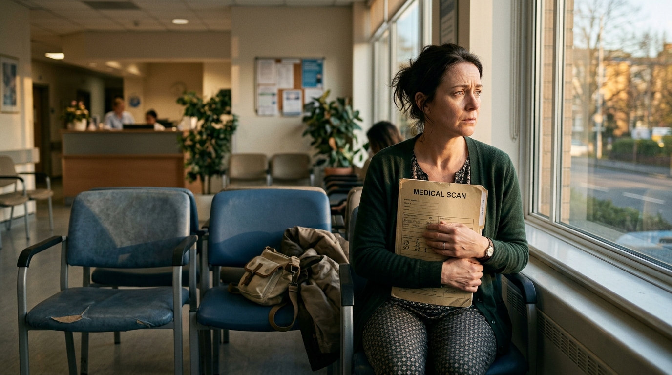 Patiente anxieuse en salle d'attente d'hôpital