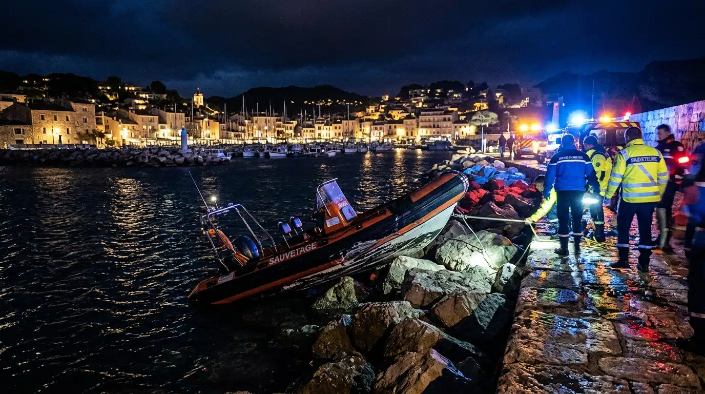 Semi-rigide échoué contre la digue d'un port