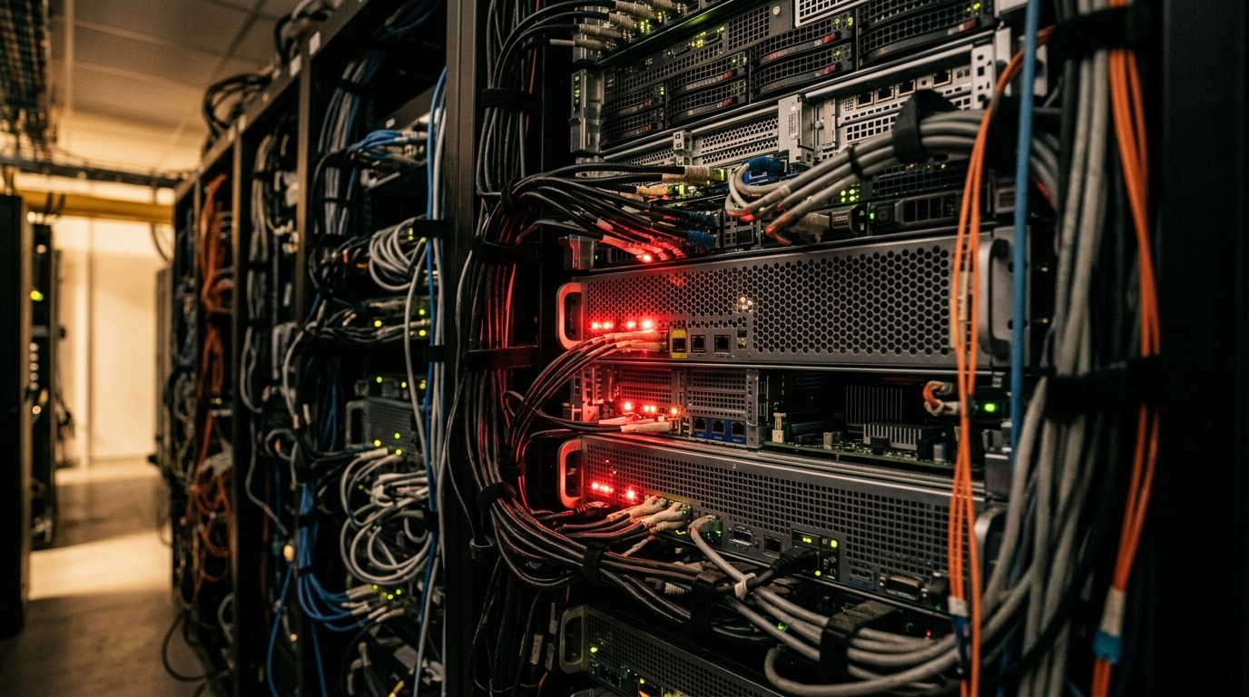 Baies de serveurs informatiques avec voyants d'alerte rouges