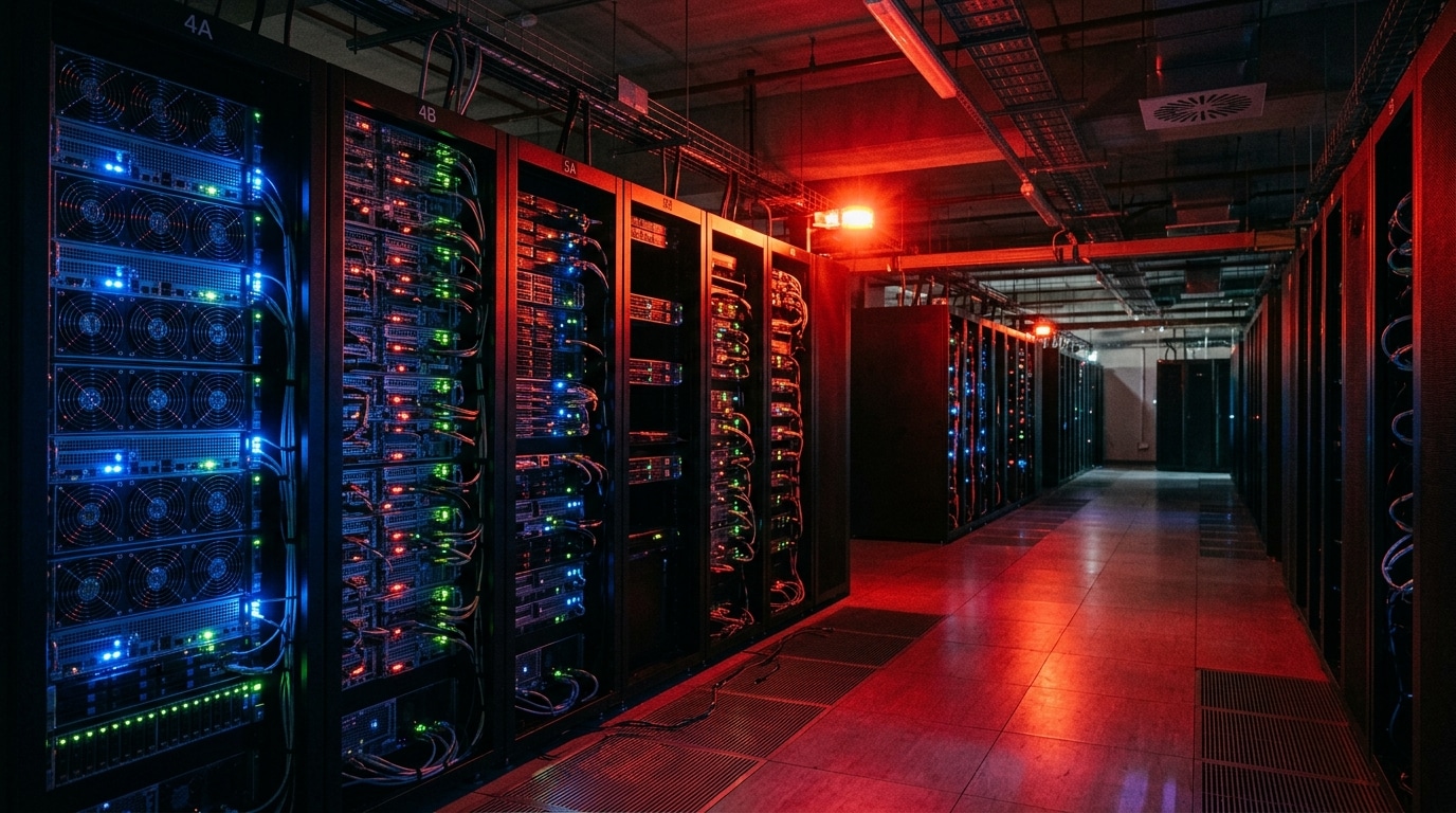 Salle de serveurs sombre avec lumière d'alerte rouge