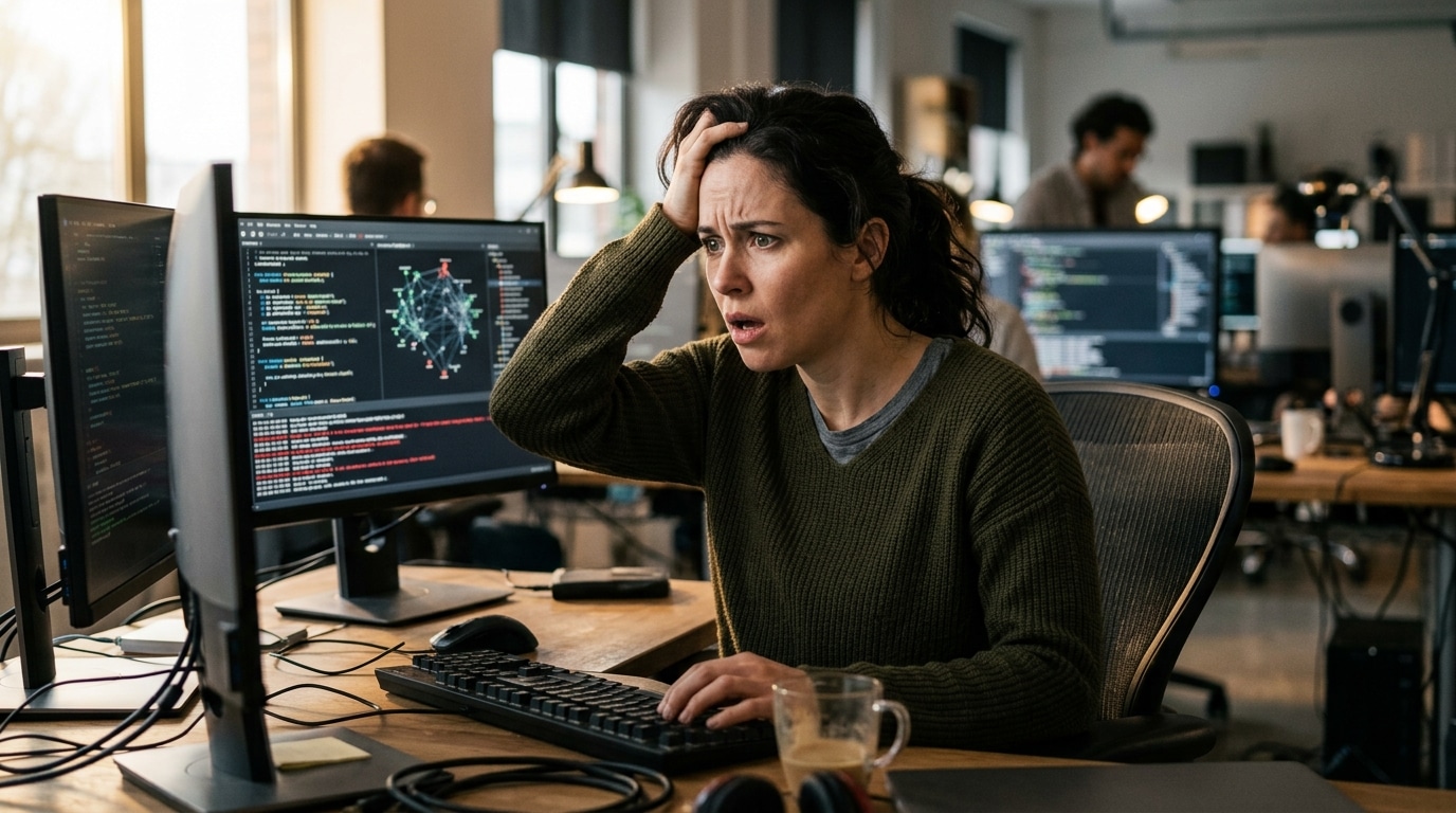 Ingénieur informatique fixant un écran avec inquiétude