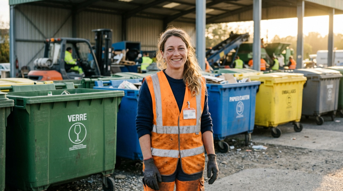 Opératrice de tri en gilet orange devant des conteneurs de recyclage