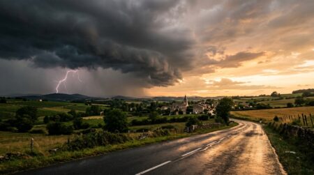 Ciel d'orage menaçant au-dessus d'une campagne française