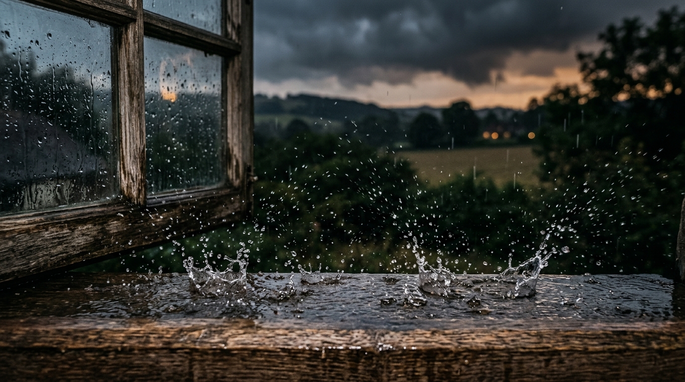 Gouttes de pluie éclaboussant un rebord de fenêtre