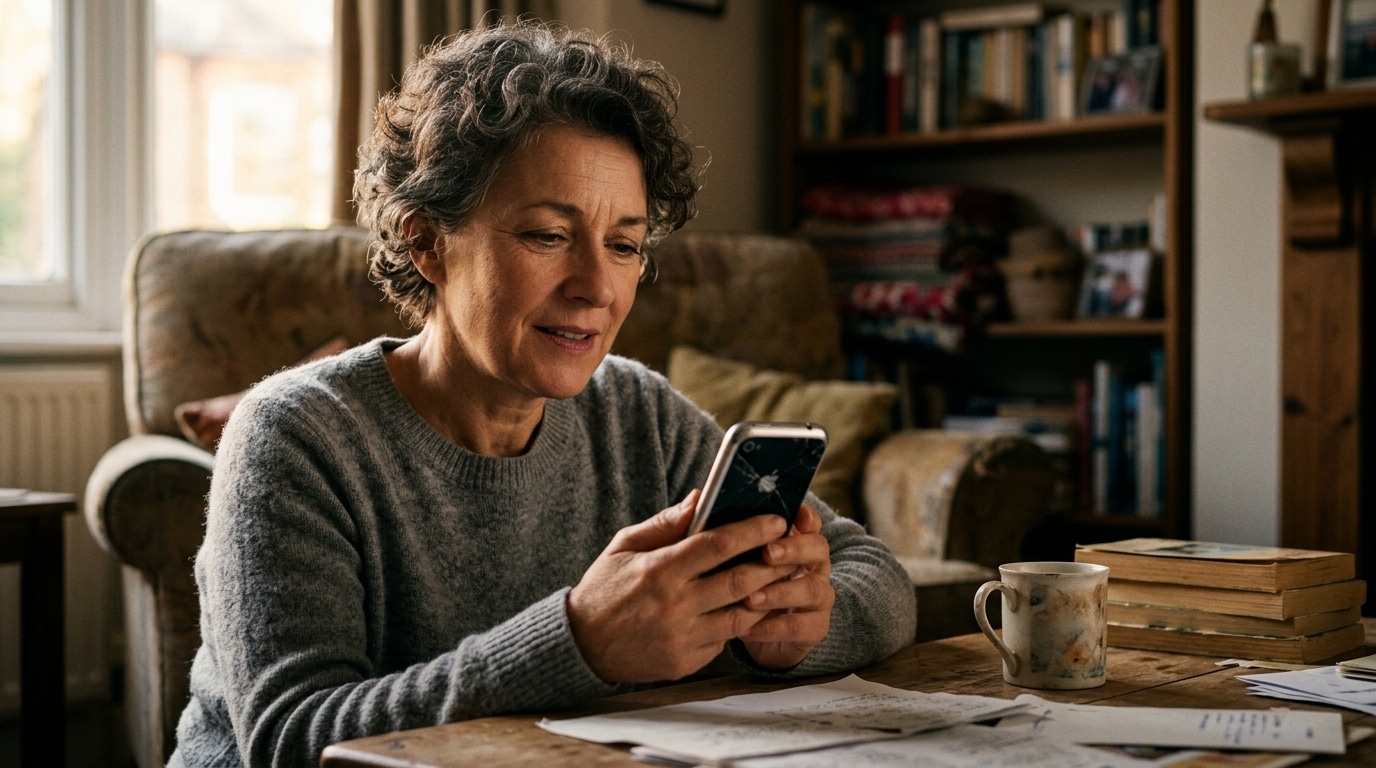 Personne perplexe consultant un vieux smartphone à la maison