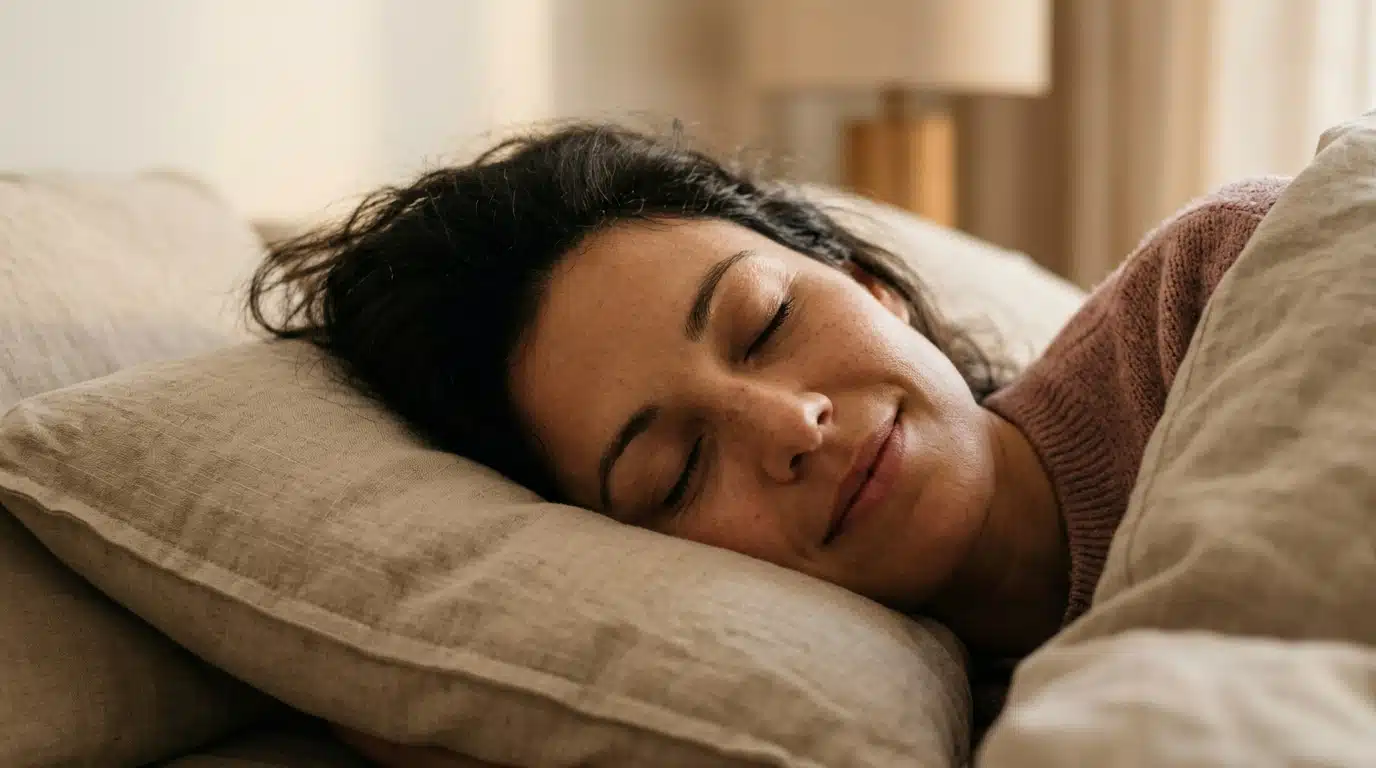 Visage féminin apaisé dans une lumière chaude