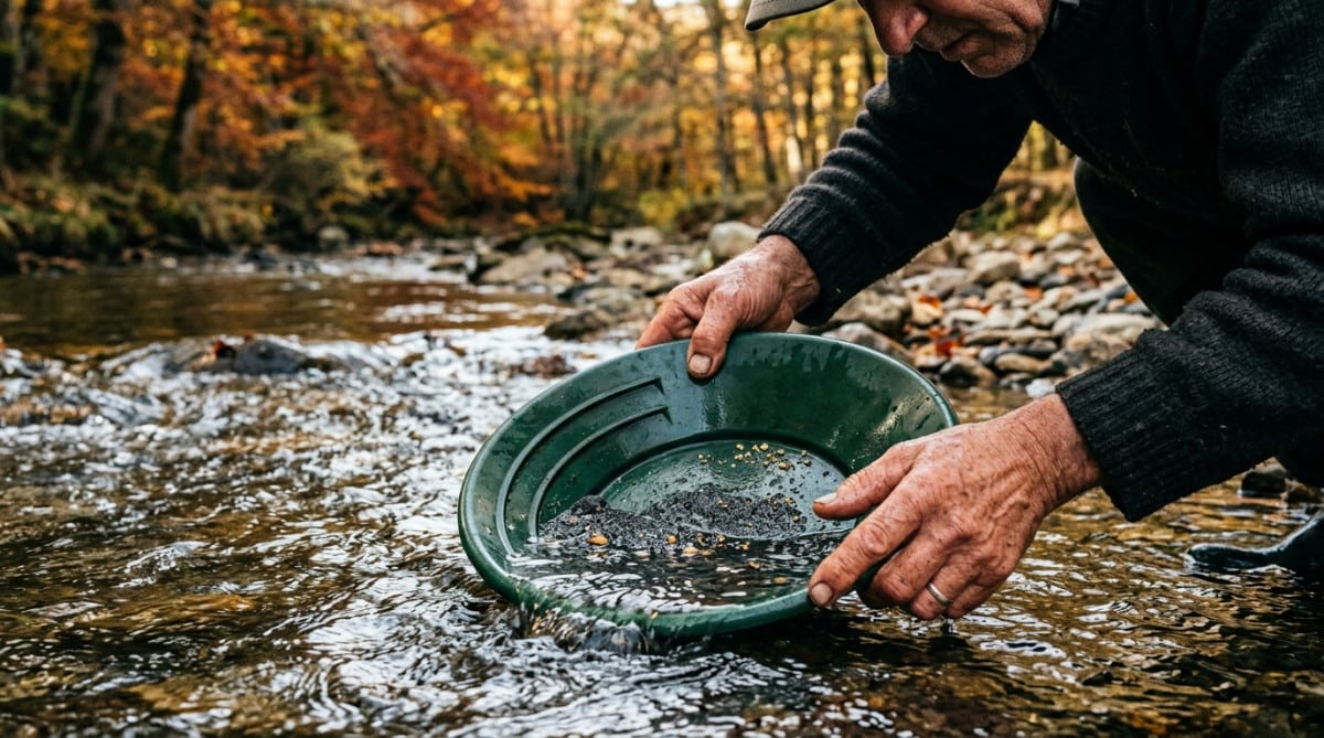 Orpailleur amateur cherchant de l'or dans une rivière française