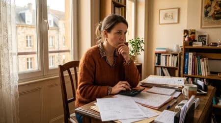 Orthophoniste libérale calculant ses charges professionnelles à domicile