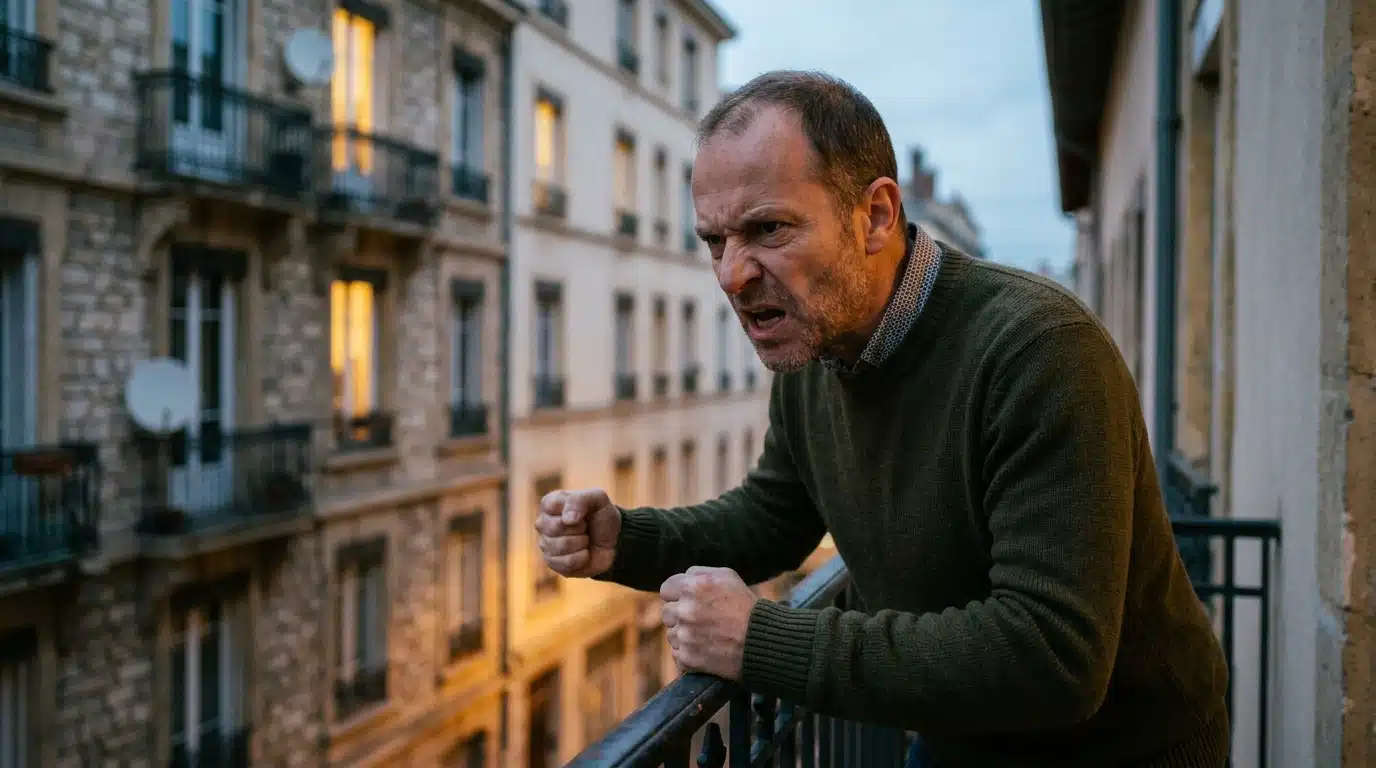 Homme en colère sur un balcon d'immeuble au crépuscule