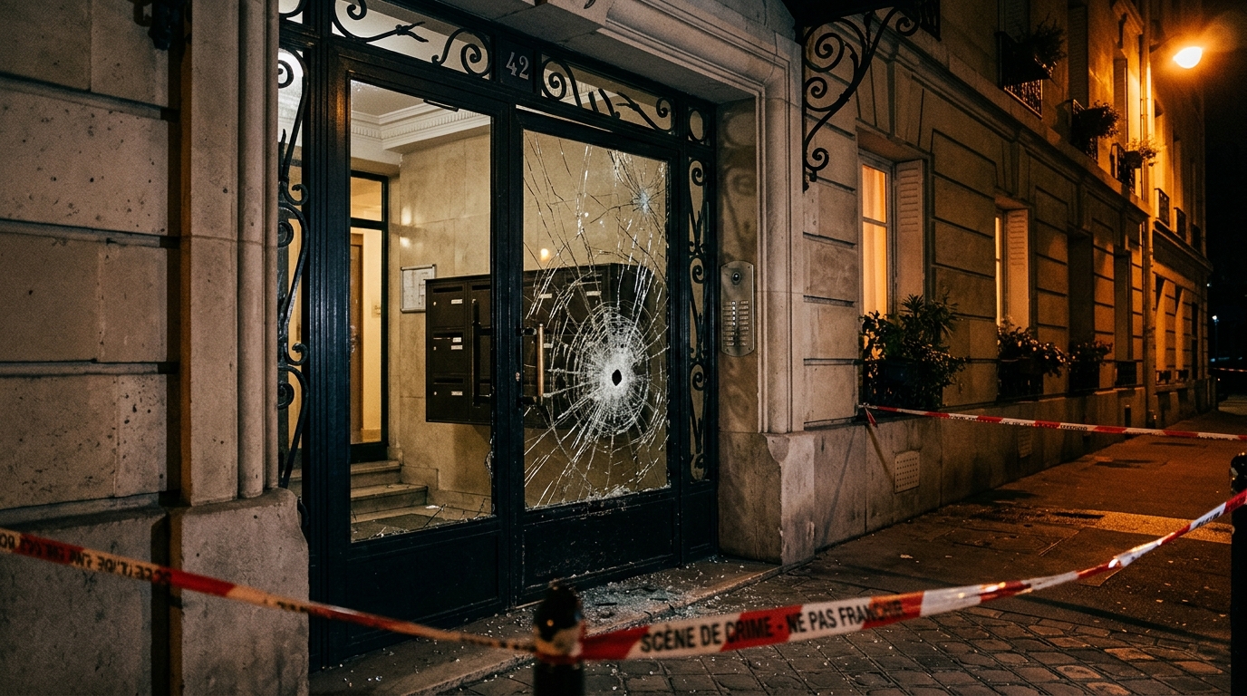 Vitre d'entrée d'immeuble brisée par un impact de balle