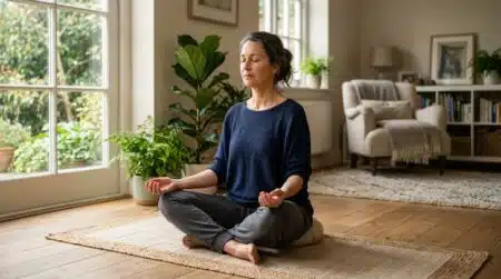 Personne pratiquant une posture de respiration assise chez elle