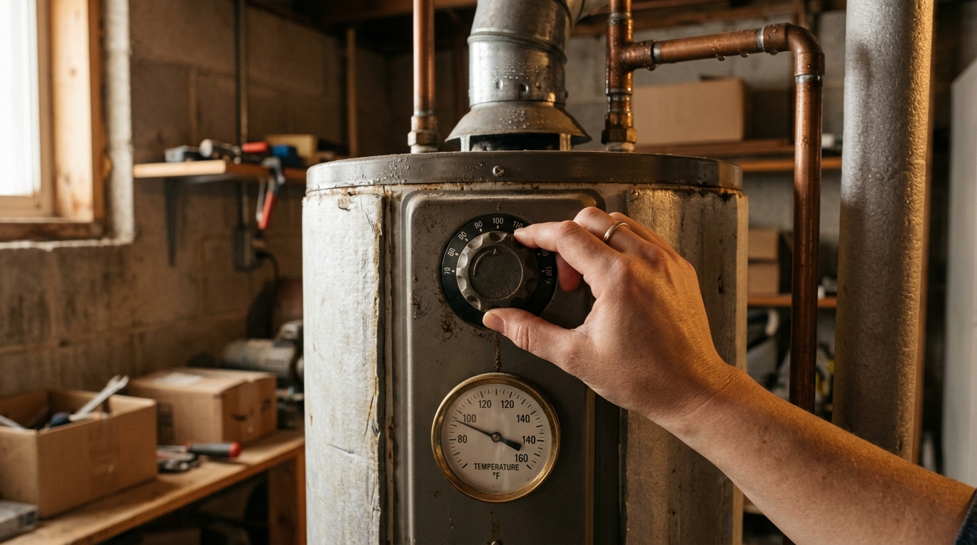 Main réglant le thermostat d'un chauffe-eau domestique