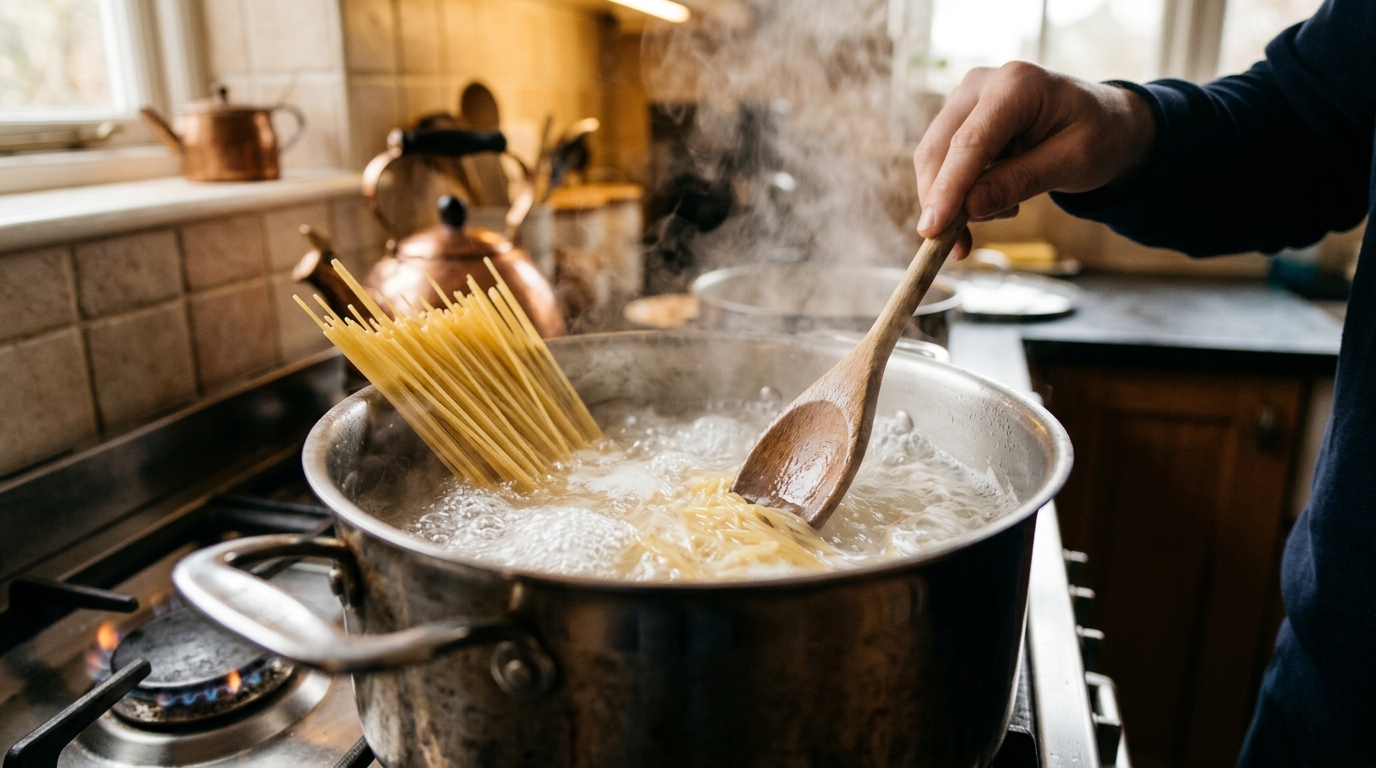 Spaghetti plongés dans une casserole d'eau bouillante