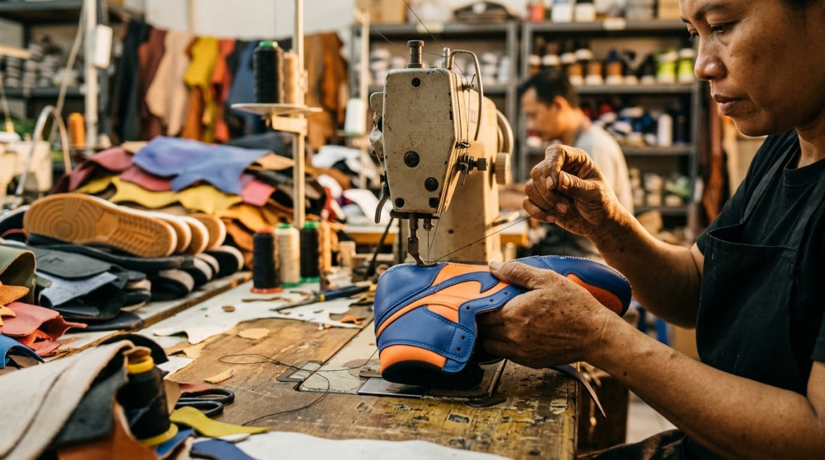 Ouvrier assemblant une basket en usine