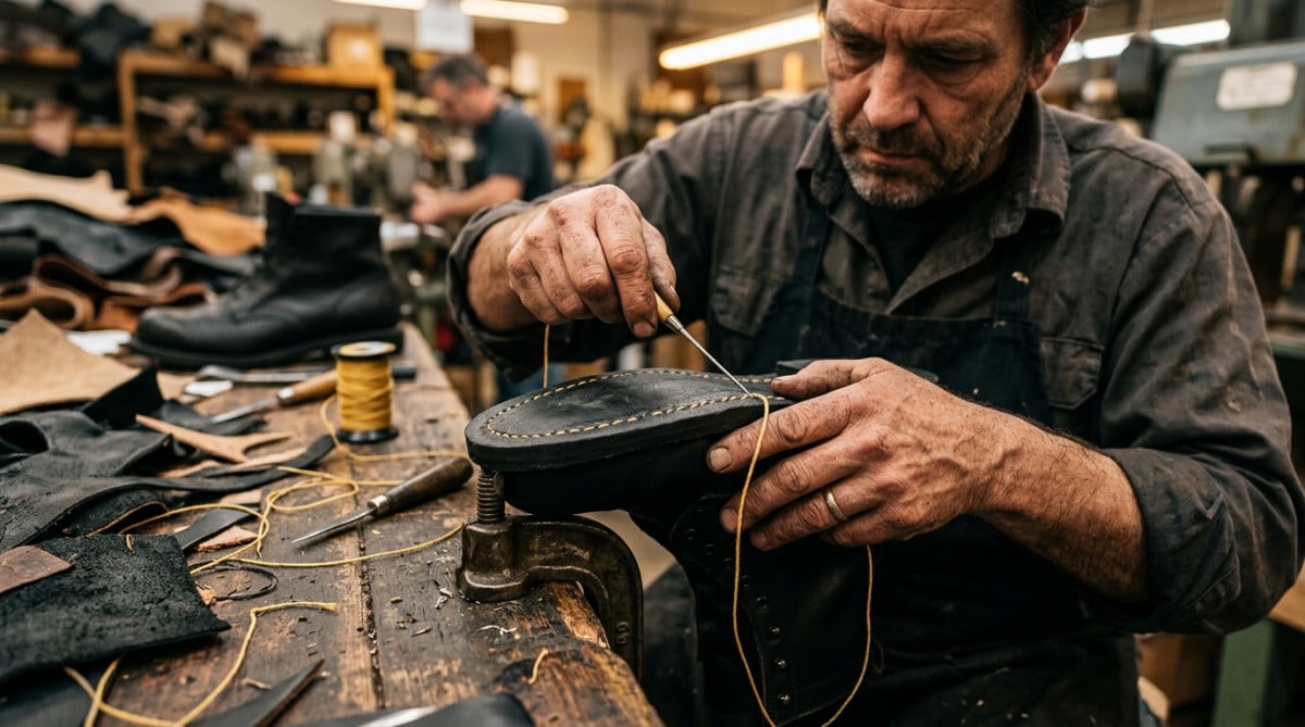 Ouvrier assemblant une semelle de botte en cuir