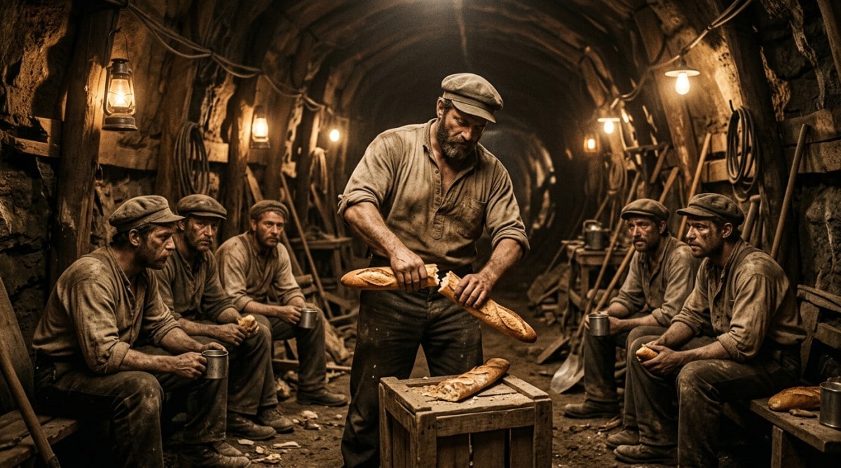 Ouvrier cassant une baguette à la main sur un chantier ancien