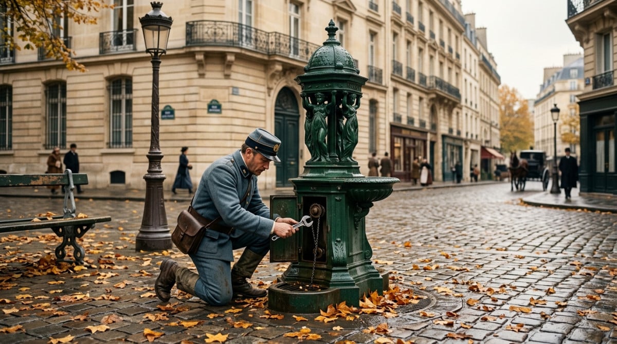 Ouvrier fermant le mécanisme d'une fontaine Wallace