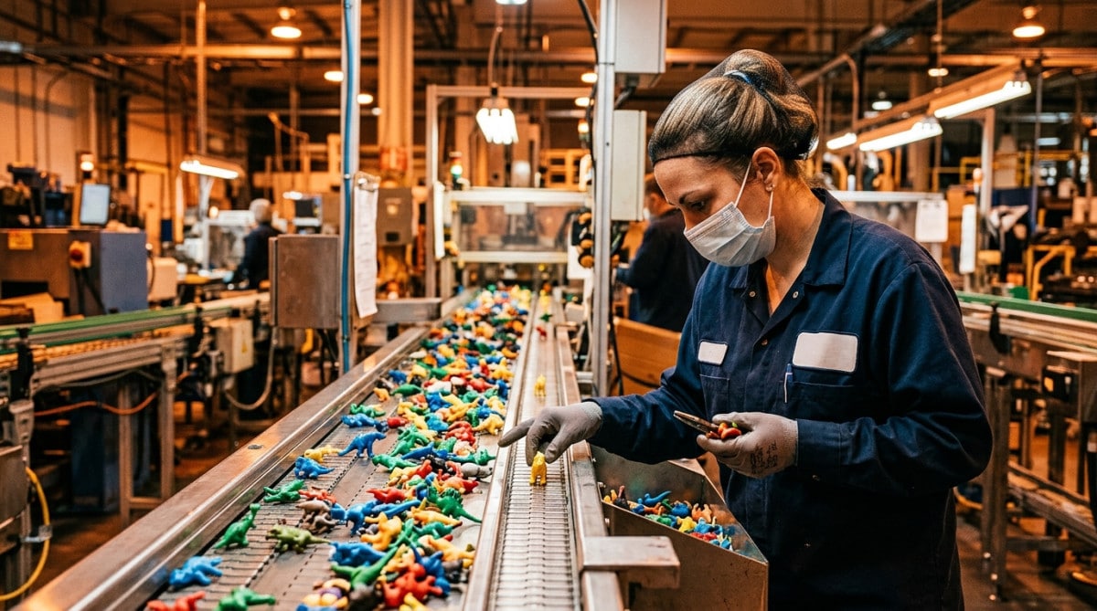 Ouvrier inspectant des figurines miniatures en usine