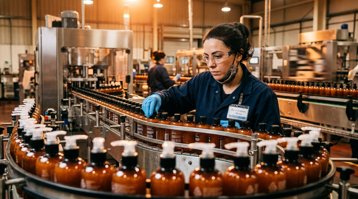 Ouvrier vérifiant des flacons de gel sur une chaîne de production