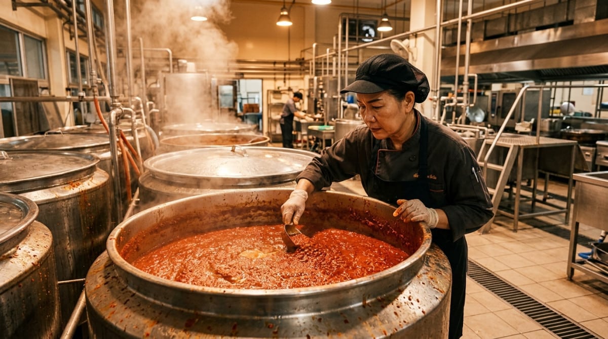 Ouvrier vérifiant la fermentation de pâte de piments en usine