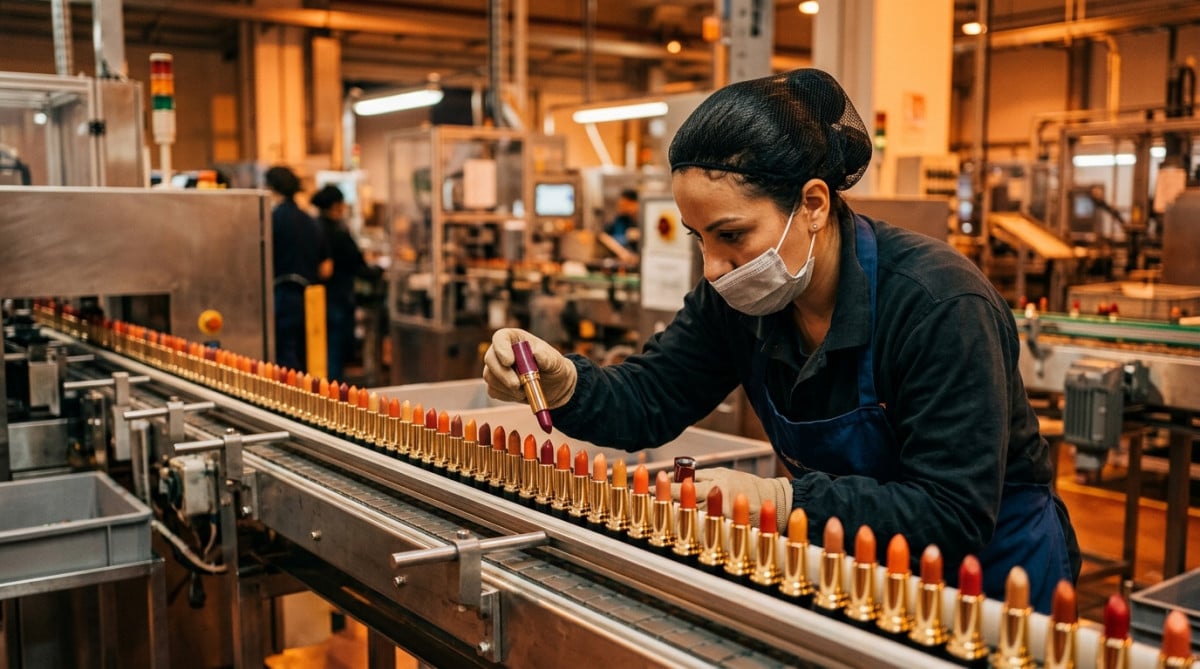 Ouvrière inspectant des tubes de rouge à lèvres en usine