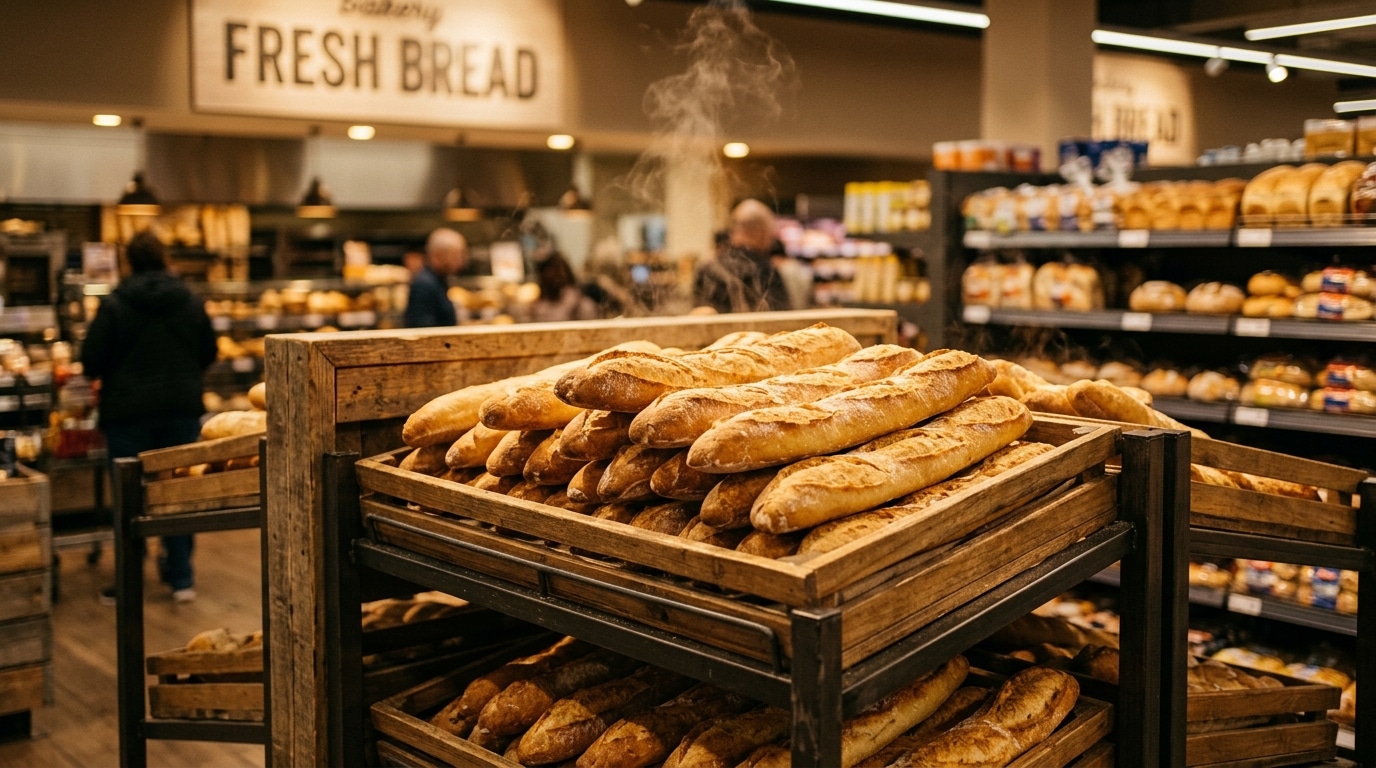Baguettes fraîches fumantes dans un rayon boulangerie