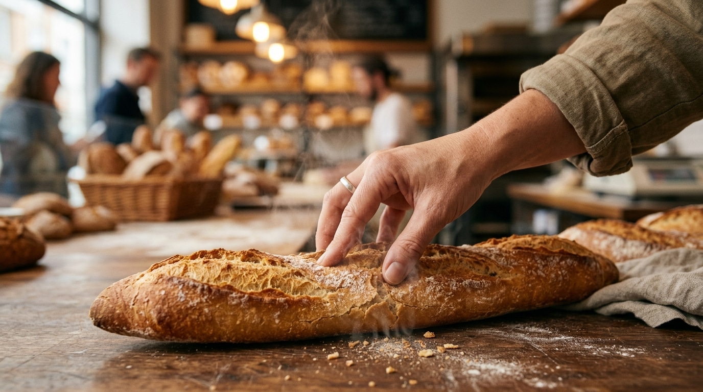 Main pressant une baguette croustillante pour tester la fraîcheur