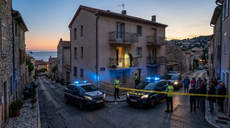 Rue résidentielle avec véhicules de police et ruban jaune