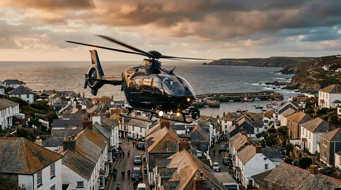 Hélicoptère de gendarmerie survolant une ville côtière