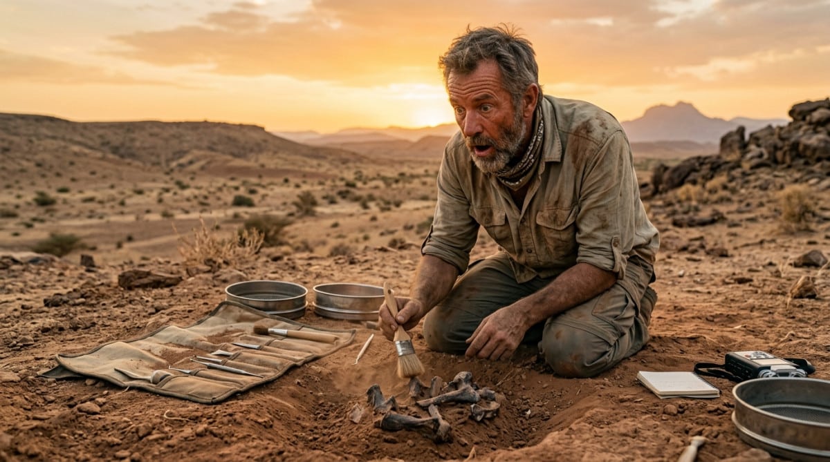 Paléontologue découvrant le fossile de Lucy en Éthiopie