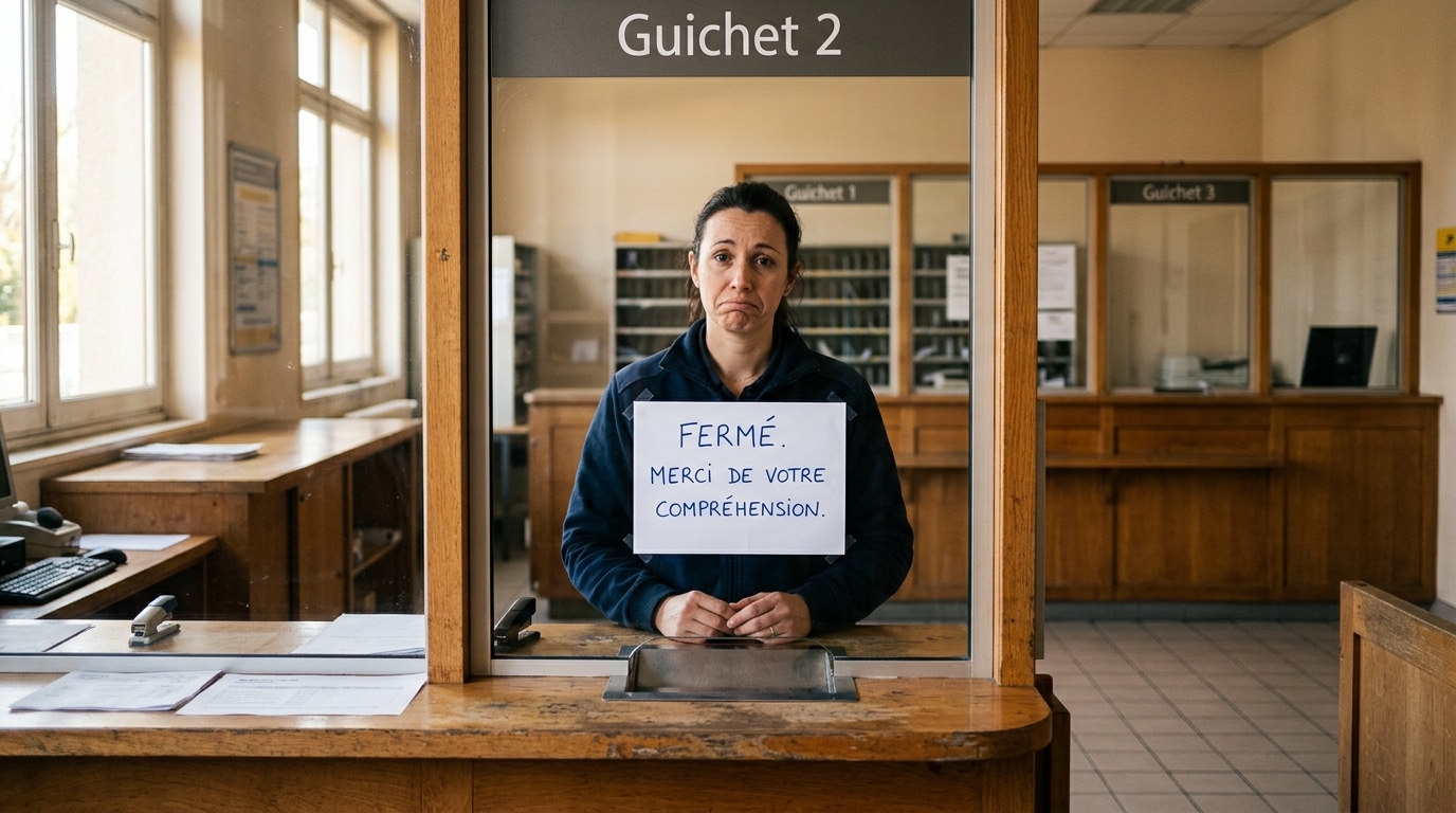 Comptoir de bureau de poste vide avec employé désolé
