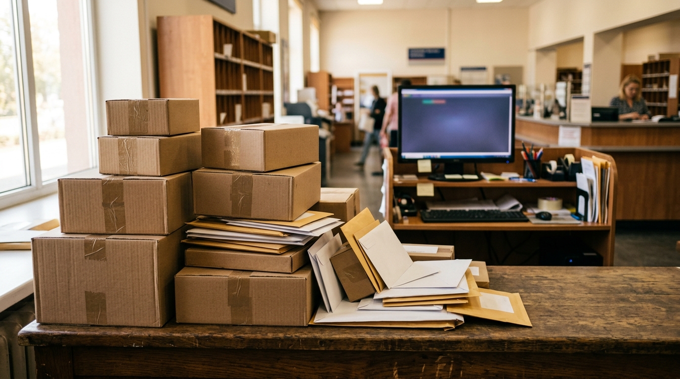 Colis empilés en attente sur comptoir postal