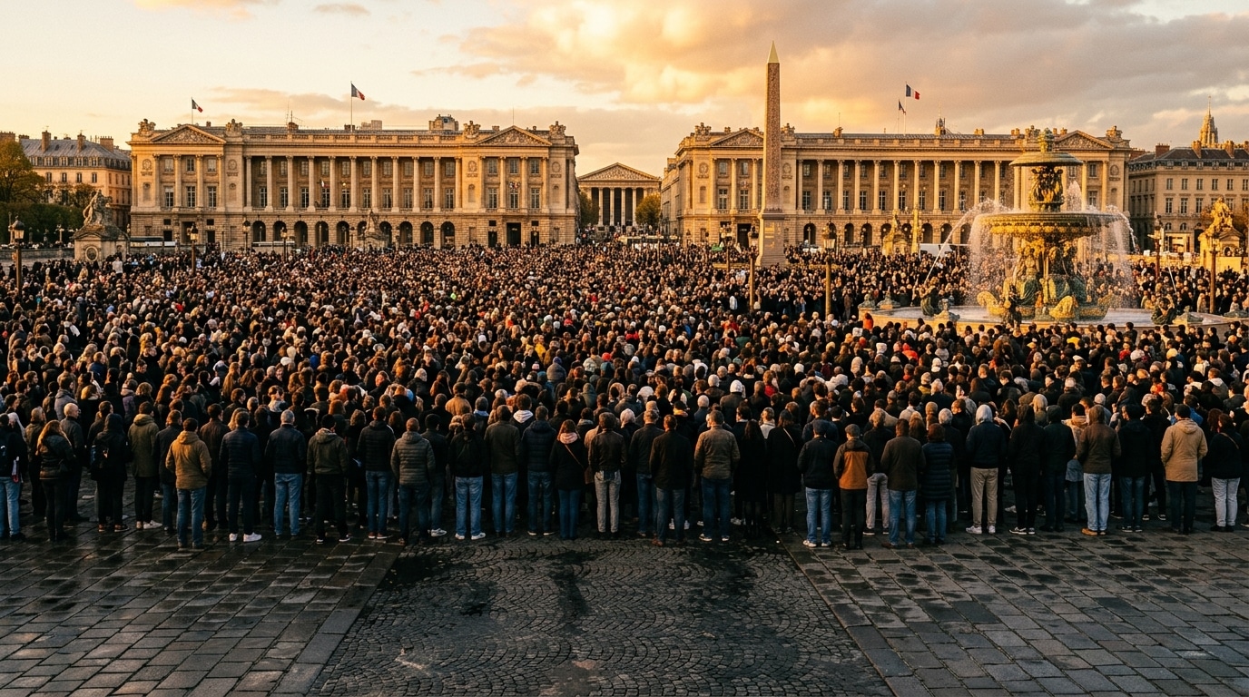 Foule immense rassemblée sur une place publique