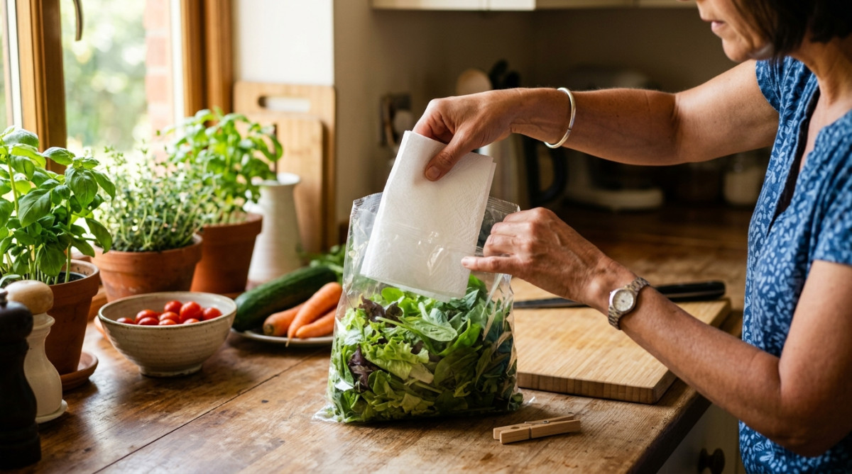 Papier absorbant glissé dans un sachet de salade