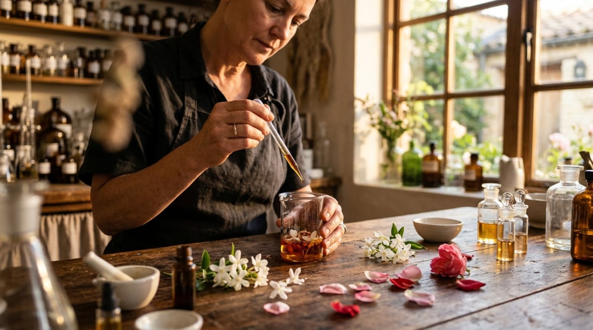 Parfumeur mélangeant des essences florales en laboratoire