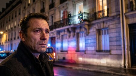 Immeuble parisien de nuit avec gyrophares de secours
