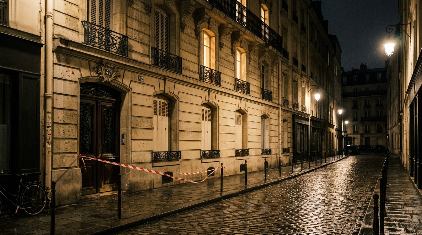 Rue pavée déserte devant un immeuble ancien la nuit