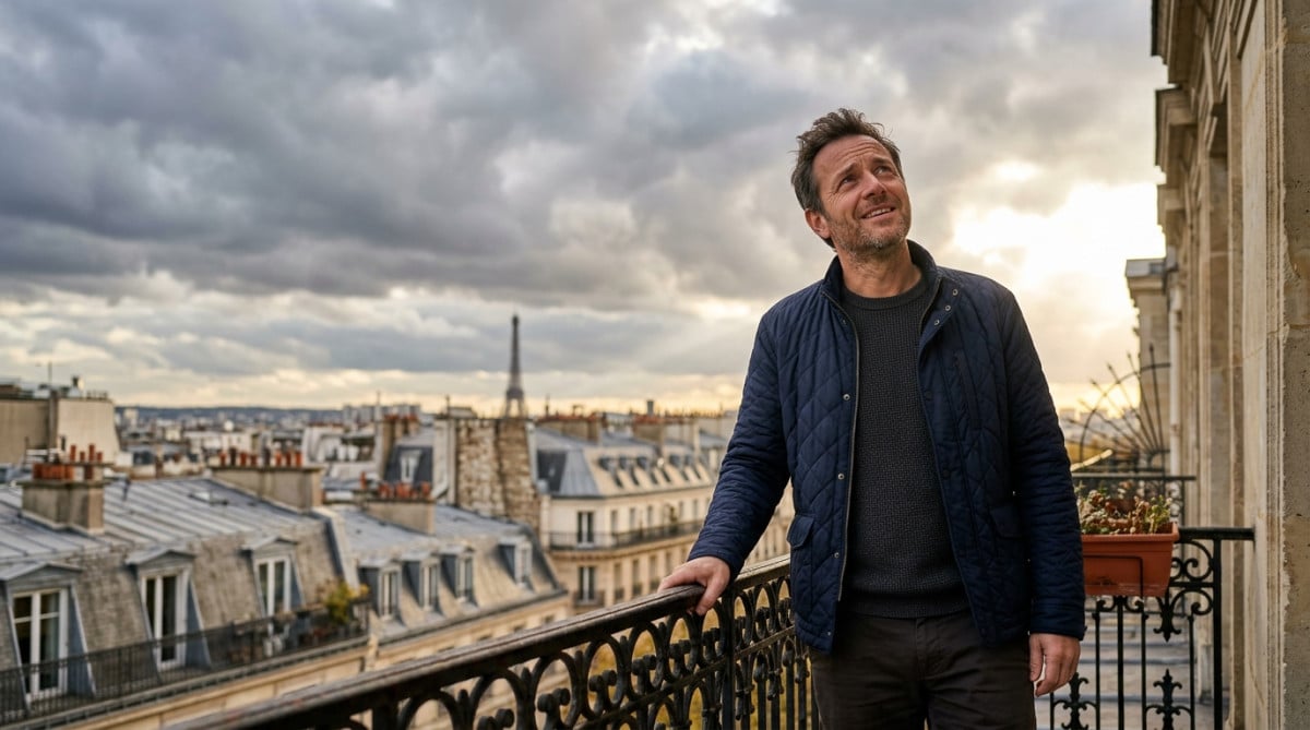 Parisien perplexe sous un ciel couvert mais doux