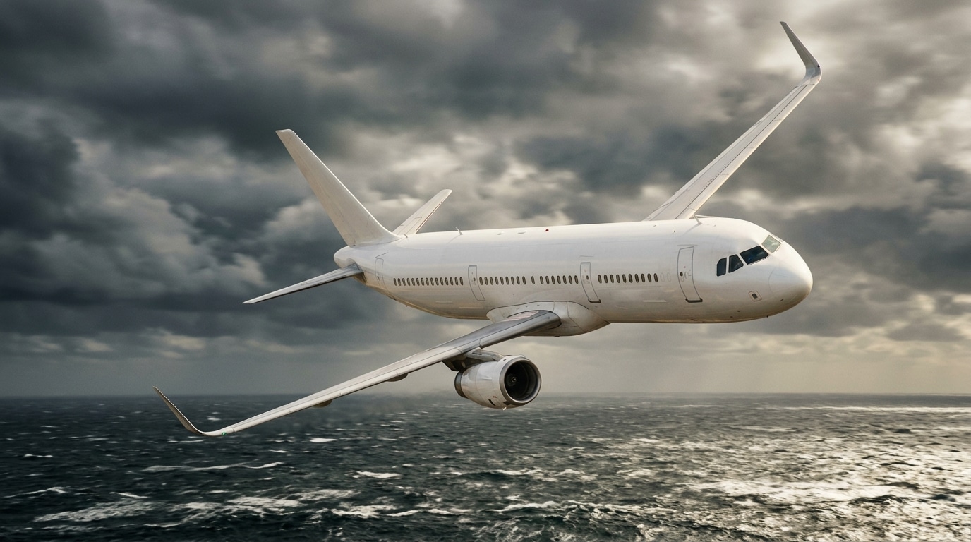 Avion de ligne en plein virage au-dessus de l'océan