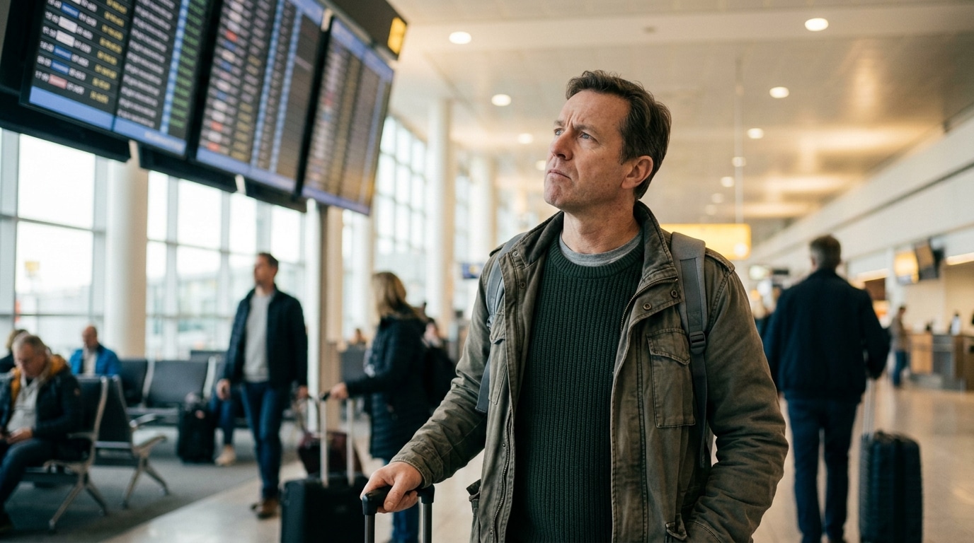 Voyageur inquiet devant un écran d'informations de vol