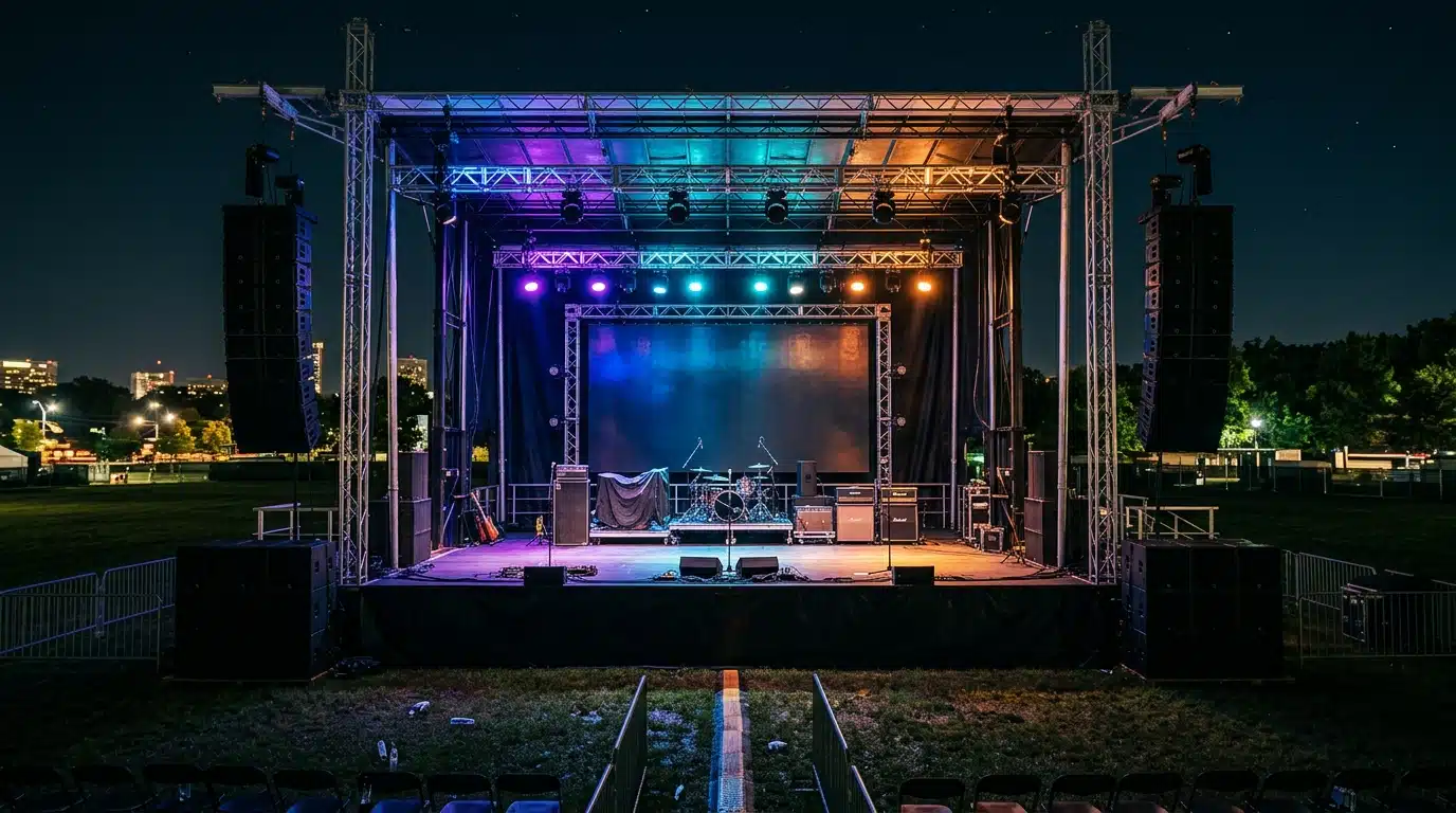 Scène de concert en plein air, ambiance nocturne d'été
