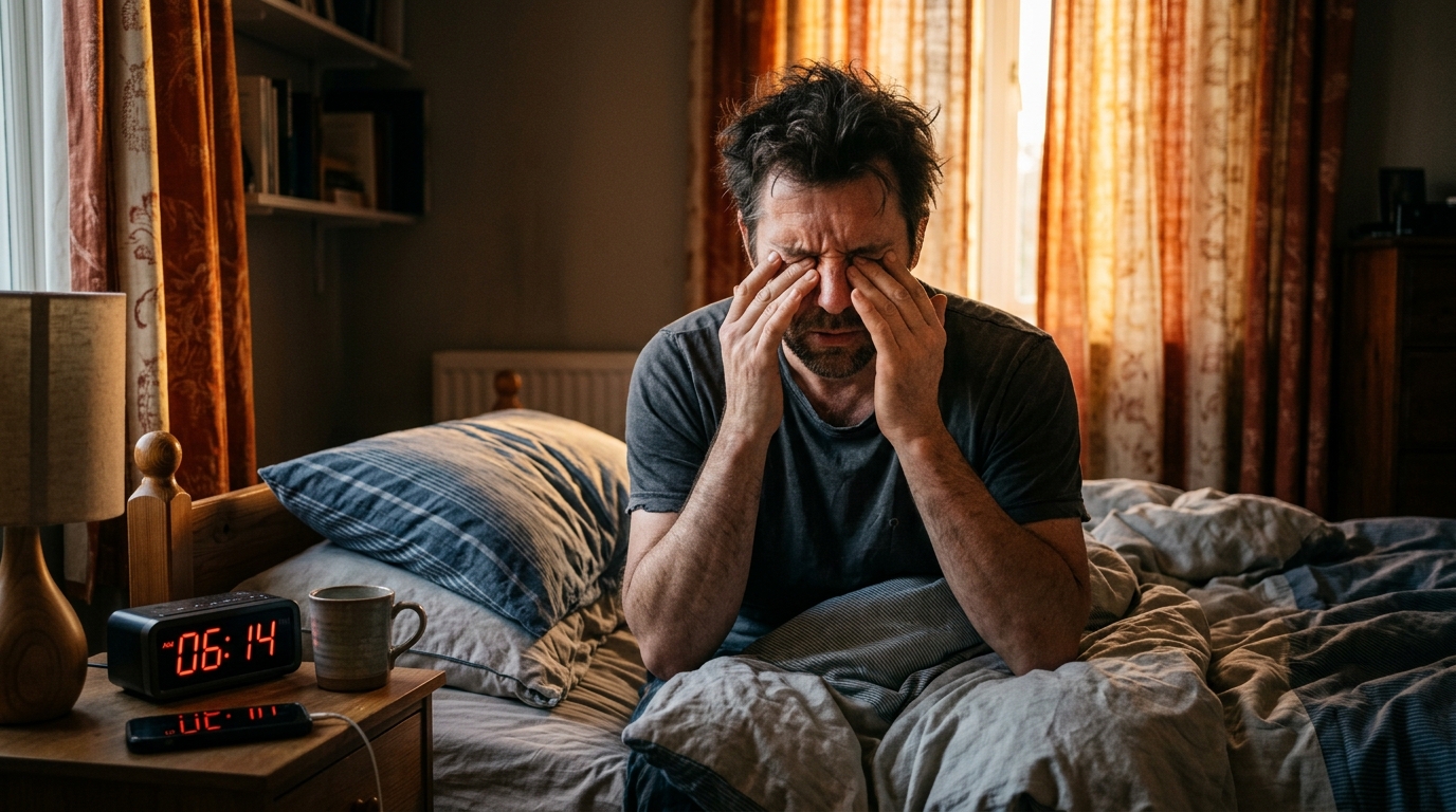 Homme fatigué au réveil après le changement d'heure