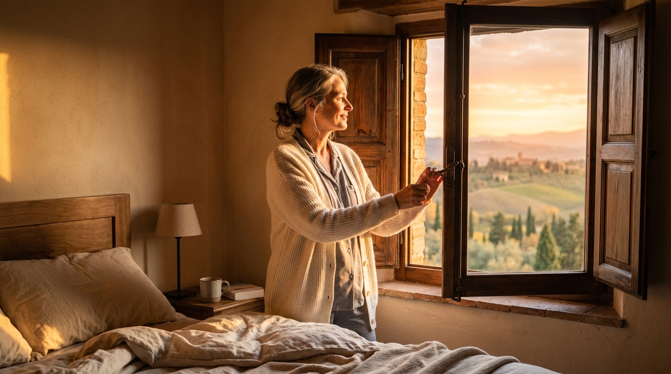 Femme ouvrant ses volets à la lumière du matin