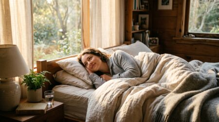 Femme se réveillant sereinement dans une lumière dorée matinale