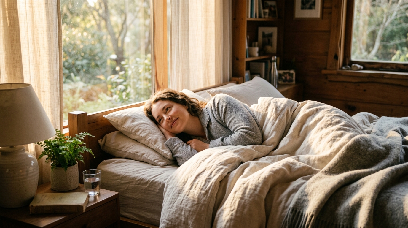 Femme se réveillant sereinement dans une lumière dorée matinale
